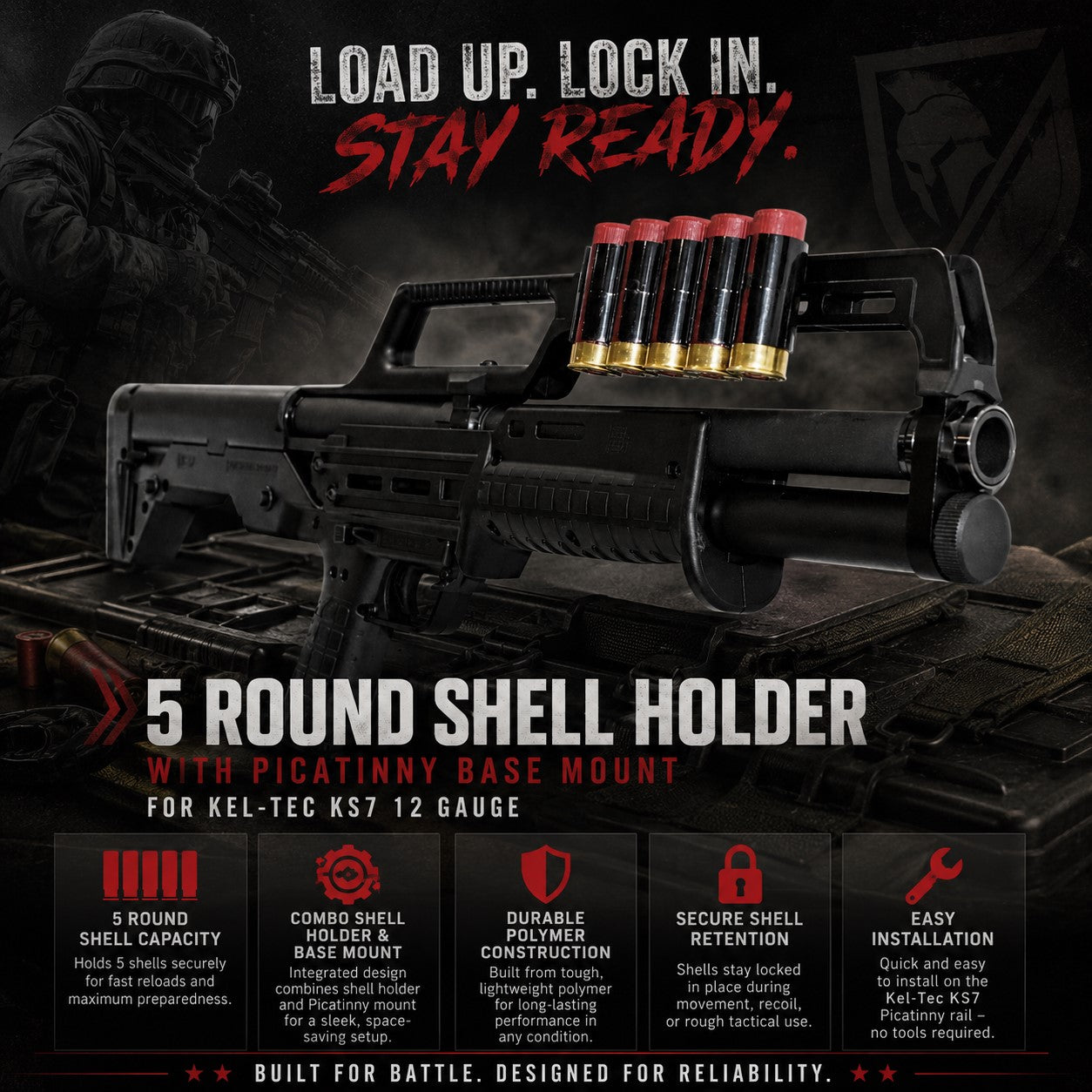 TRINITY 5 Round Shell Holder & Picatinny Mount for Kel-Tec KS7 12 Gauge