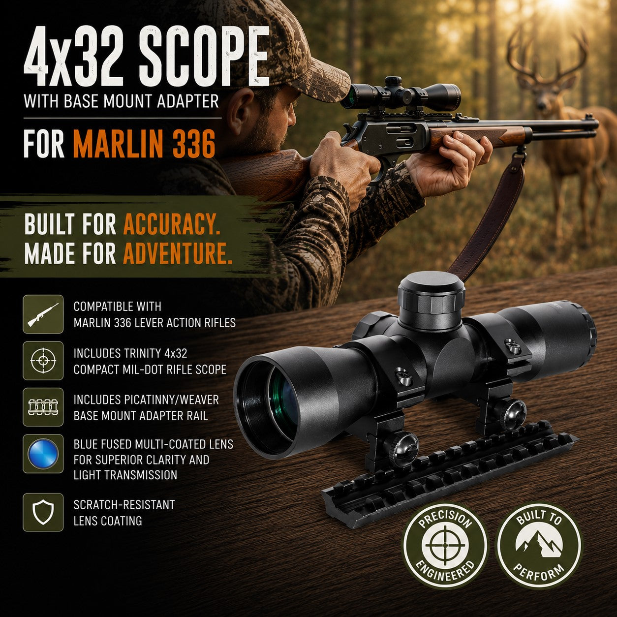 TRINITY Tactical 4x32 Mil-Dot Scope with Base Mount Adapter Compatible with Marlin 336 Lever Action Rifle – Picatinny Rail Optics Combo