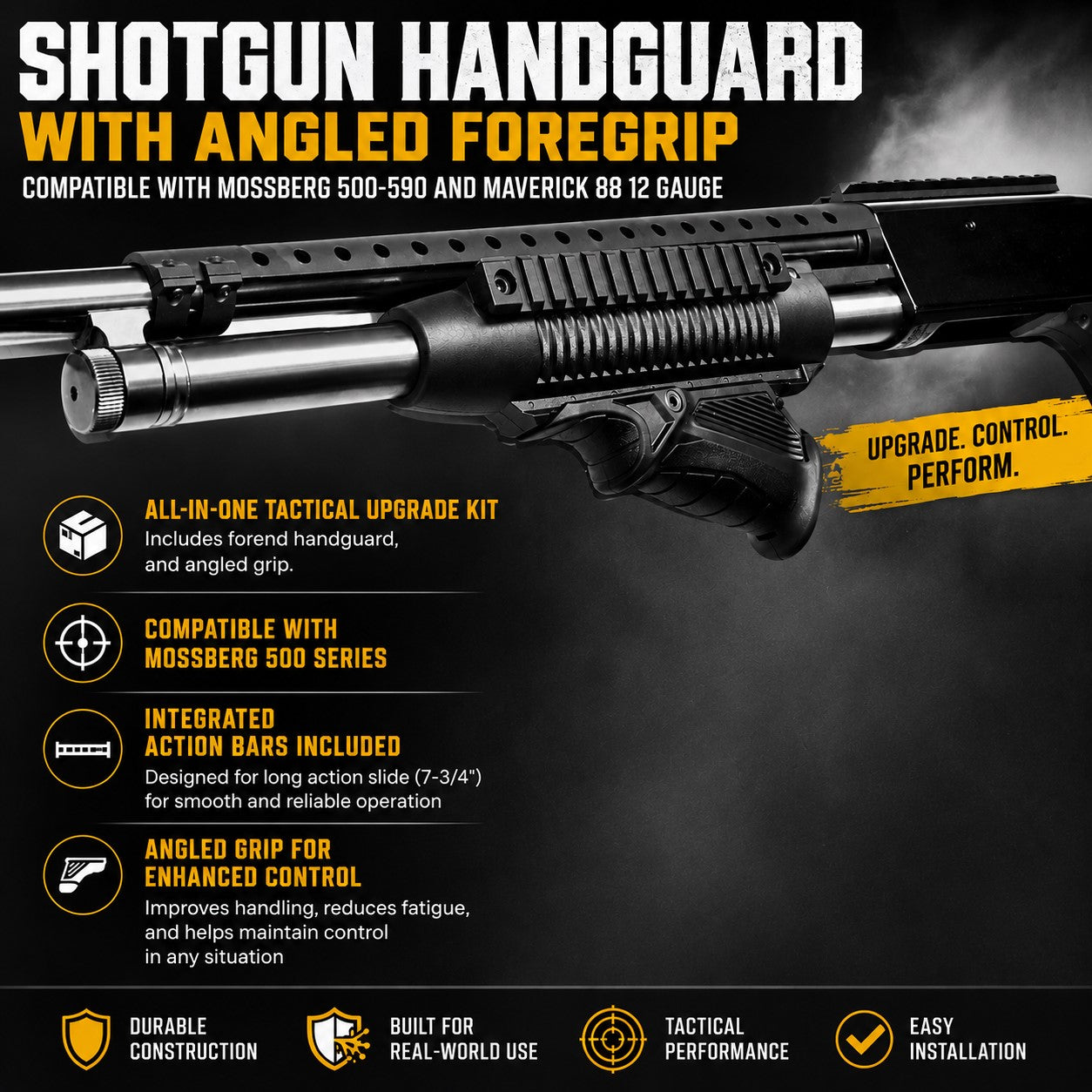 Shotgun Handguard with Angled Foregrip Compatible with Mossberg 590 12 Gauge – Picatinny Rail Forend with Action Bars for Mossberg 500 & Maverick 88