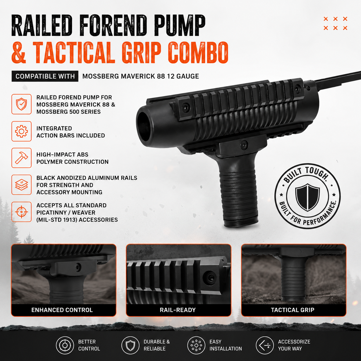 Railed Forend Pump & Tactical Grip Compatible with Mossberg 500A 12 Gauge – Black