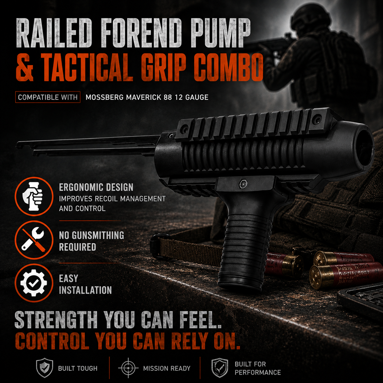 Railed Forend Pump & Tactical Grip Compatible with Mossberg 500A 12 Gauge – Black