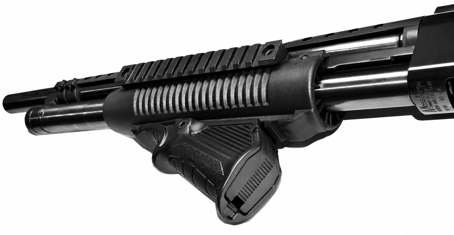 Shotgun Handguard with Angled Foregrip Compatible with Mossberg 590 12 Gauge – Picatinny Rail Forend with Action Bars for Mossberg 500 & Maverick 88