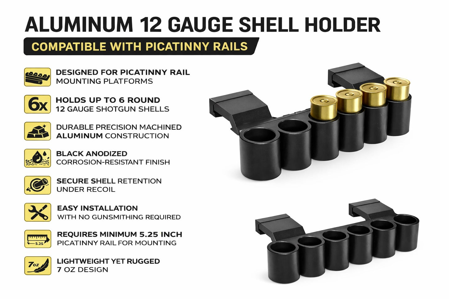 Aluminum 6-Round Shotgun Shell Carrier Compatible with Dickinson Arms Ermox 12 Gauge – Picatinny Side Saddle Shell Holder