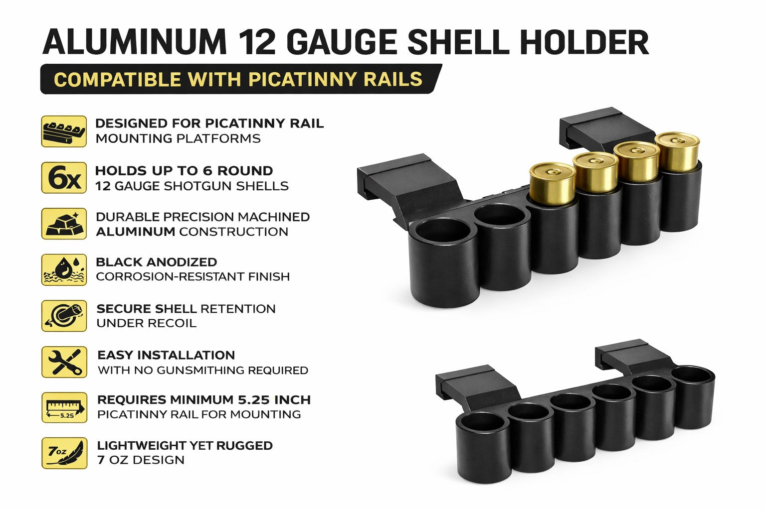 Aluminum 6-Round Shotgun Shell Carrier Compatible with Dickinson Arms Ermox 12 Gauge – Picatinny Side Saddle Shell Holder