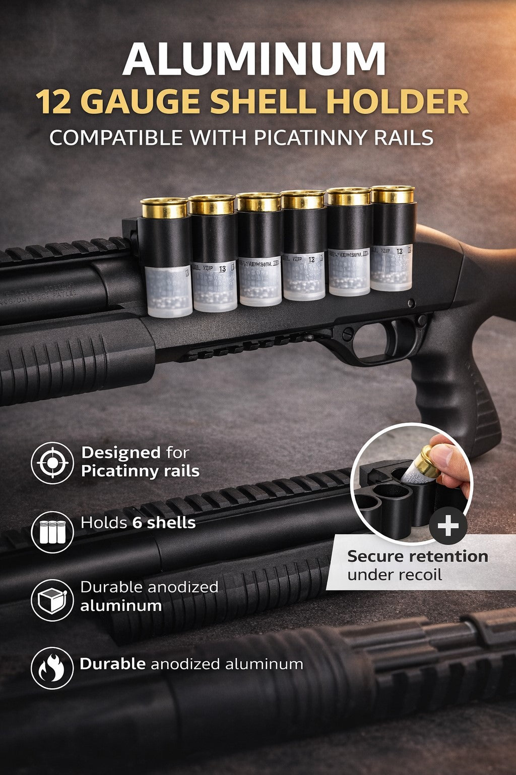 Aluminum 6-Round Shotgun Shell Carrier Compatible with Dickinson Arms Ermox 12 Gauge – Picatinny Side Saddle Shell Holder