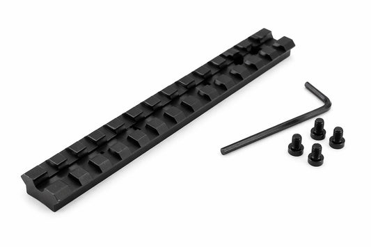 Black metal rail with mounting hardware on a white background
