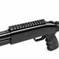 Close-up of a black shotgun on a white background
