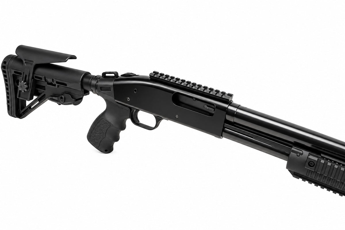 Close-up of a black shotgun on a white background
