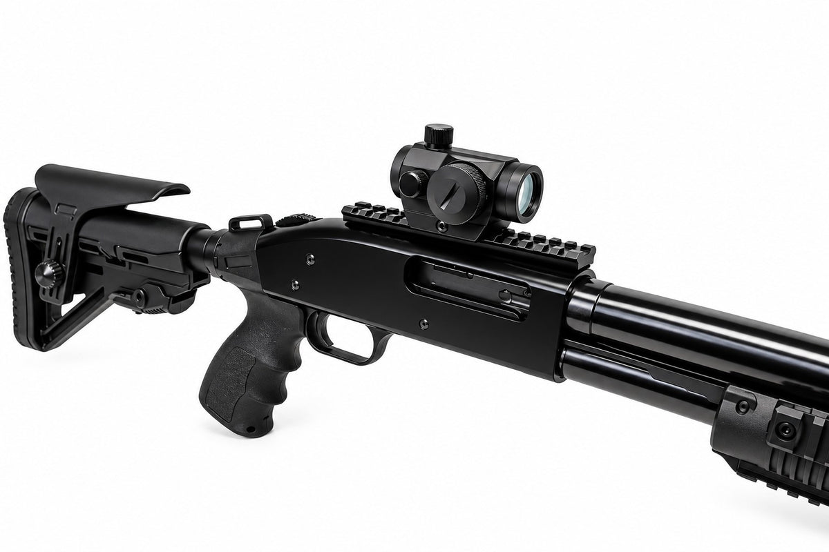 Close-up of a black shotgun on a white background
