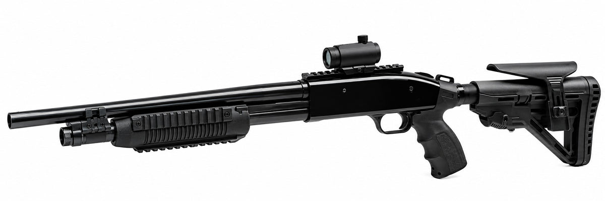 Close-up of a black shotgun on a white background