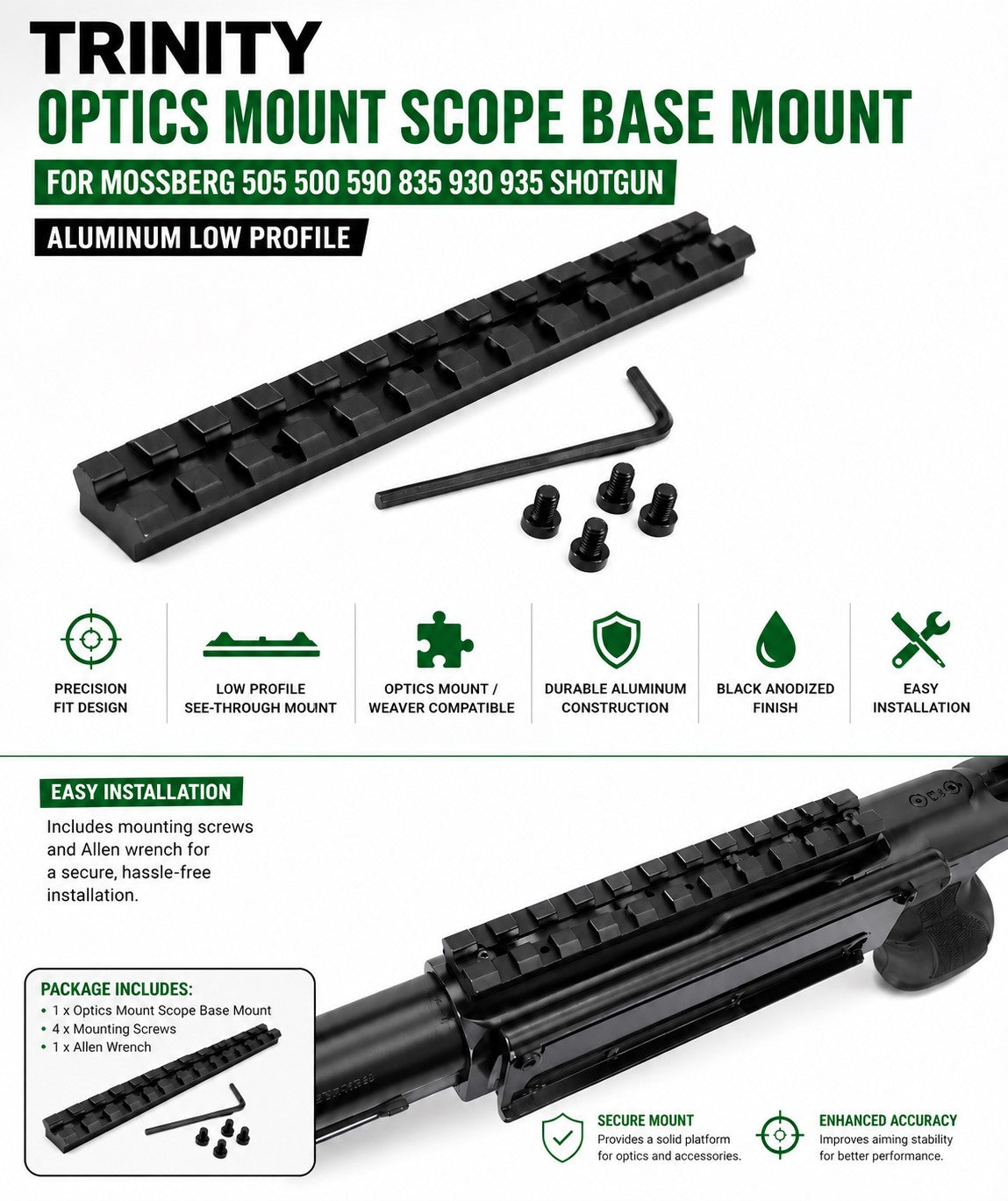 TRINITY Low Profile Optics Mount for Mossberg 590 Shockwave 12 Ga Aluminum Black