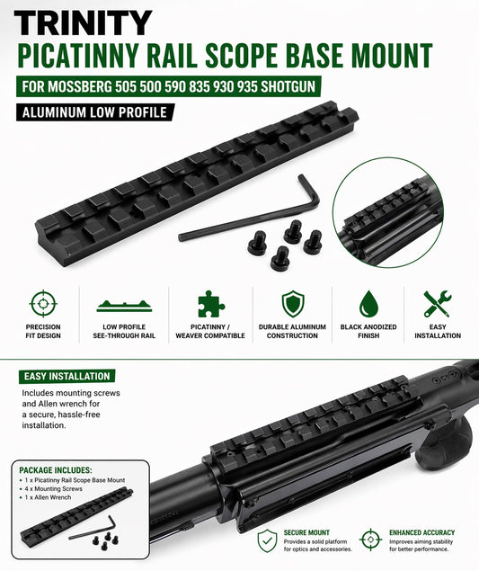 TRINITY Picatinny Rail Scope Base Compatible with Mossberg 500 / 590 / 835 – Low Profile Aluminum Mount