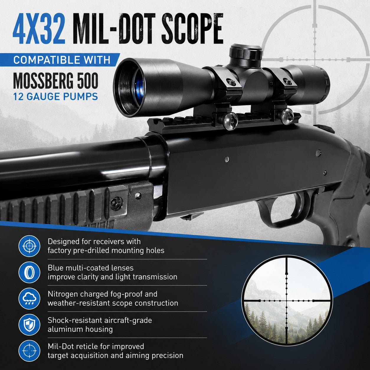TRINITY 4x32 Mil-Dot Scope Compatible with Mossberg 590 12 Gauge Pump Shotgun Picatinny Rail Base Mount Tactical Hunting Optic
