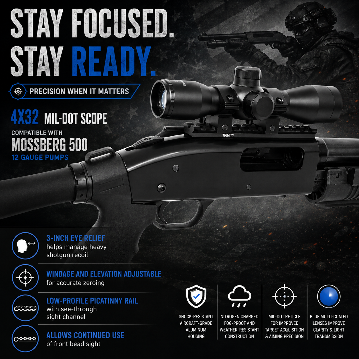TRINITY 4x32 Mil-Dot Scope Compatible with Mossberg 590 12 Gauge Pump Shotgun Picatinny Rail Base Mount Tactical Hunting Optic