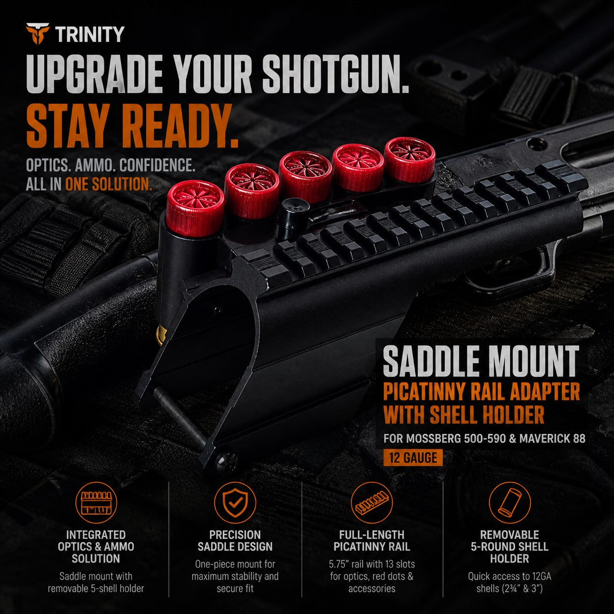Saddle Mount Picatinny Rail with Shell Holder for Mossberg 590 Shockwave 12 Gauge