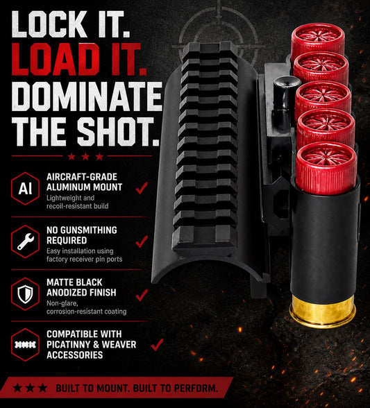 Saddle Mount Picatinny Rail Adapter with 5 Shell Holder Compatible With Mossberg Maverick 88 12 Gauge