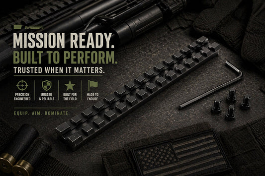 Black keyboard with tactical accessories on a dark surface, featuring text about mission readiness.