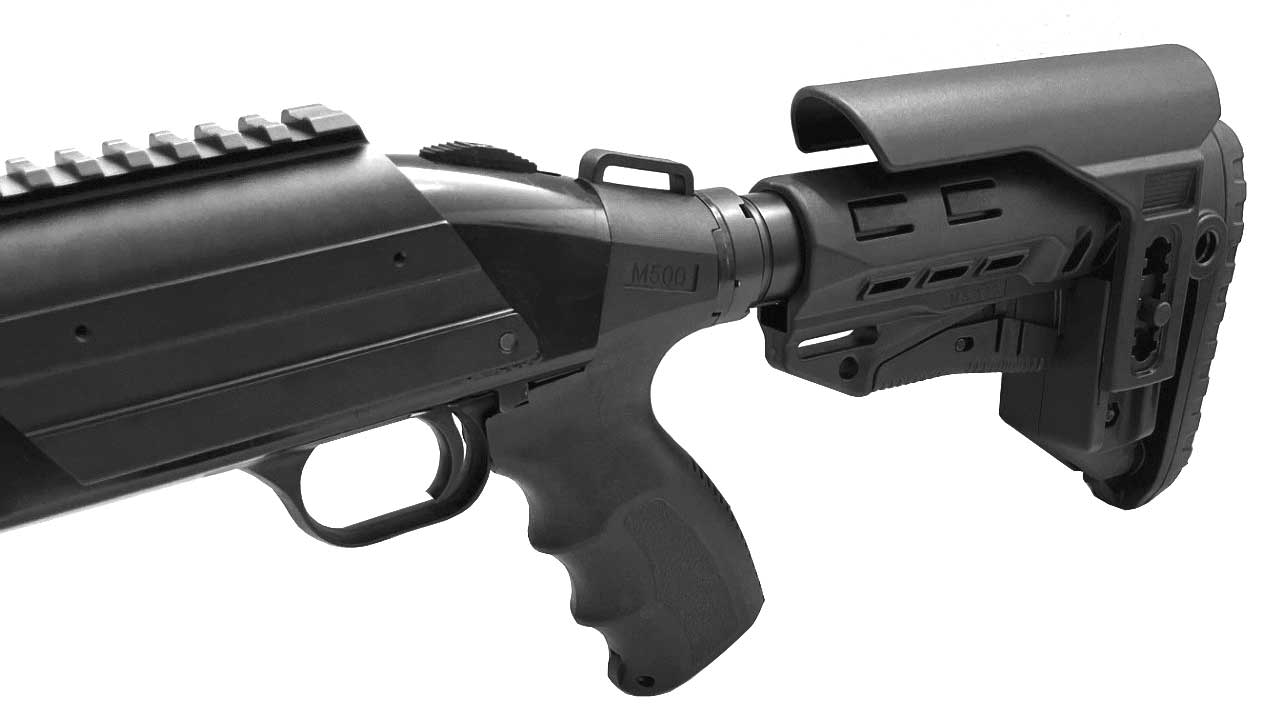Mossberg 500 12 gauge shotgun collapsible stock Cali style. - TRINITY SUPPLY INC