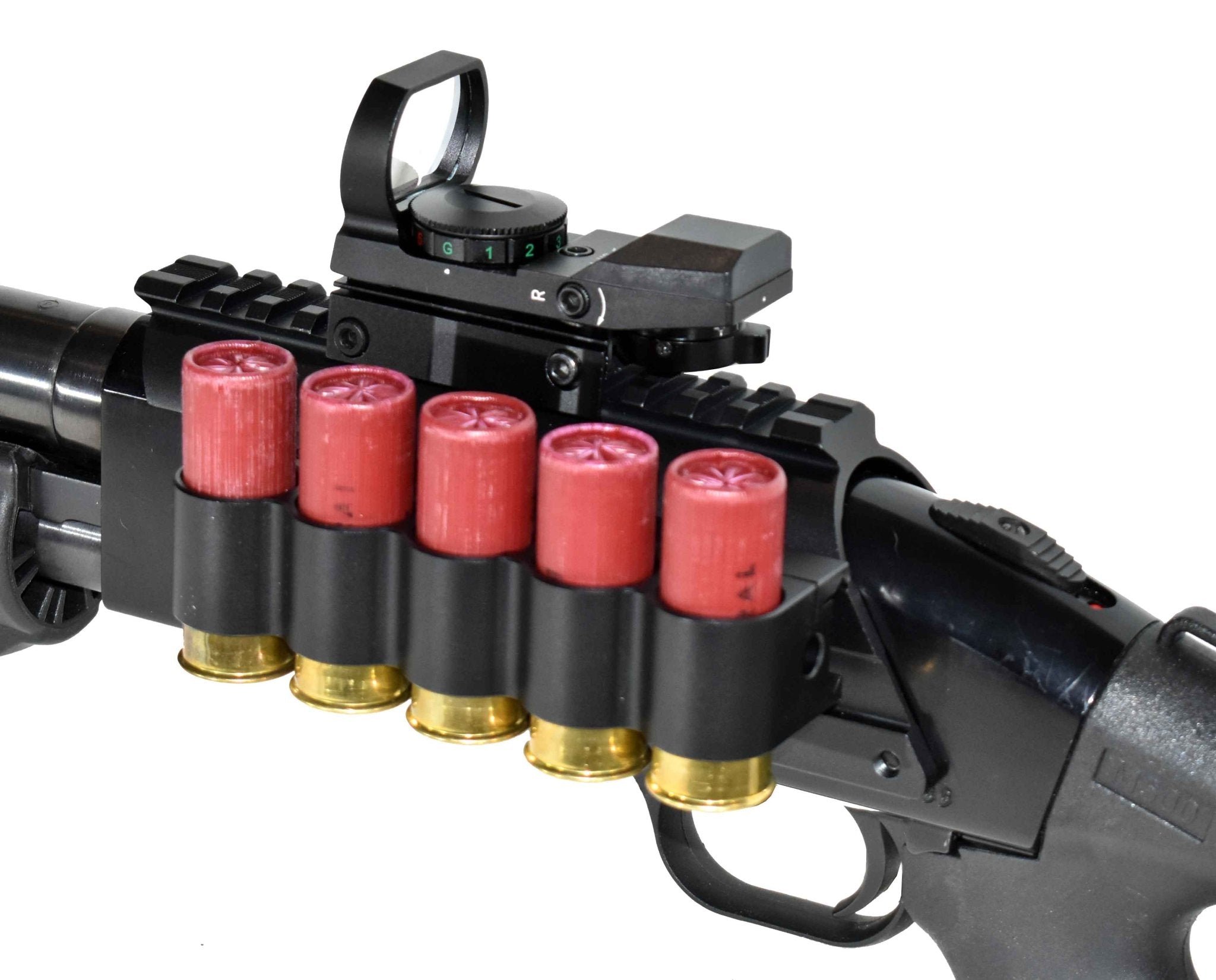 Mossberg 590 shockwave 12 gauge pump saddle, shell holder and reflex s