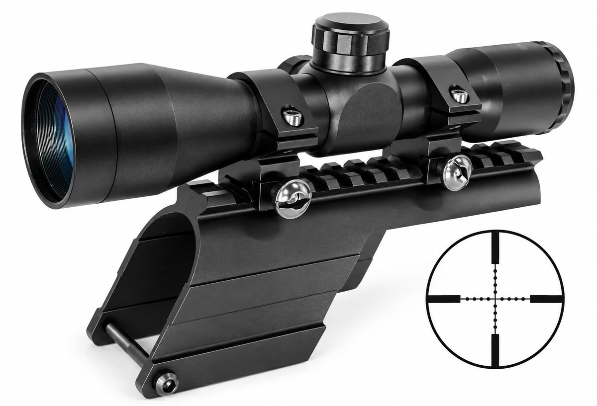mossberg 500 12 gaauge saddle with 4x32 scope on white background.