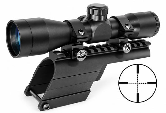 mossberg 500 12 gaauge saddle with 4x32 scope on white background.