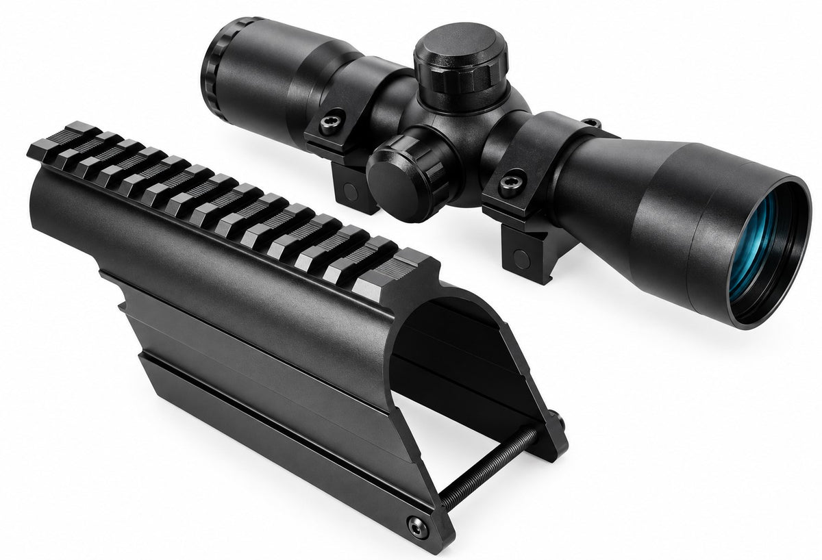 mossberg 500 12 gaauge saddle with 4x32 scope on white background.