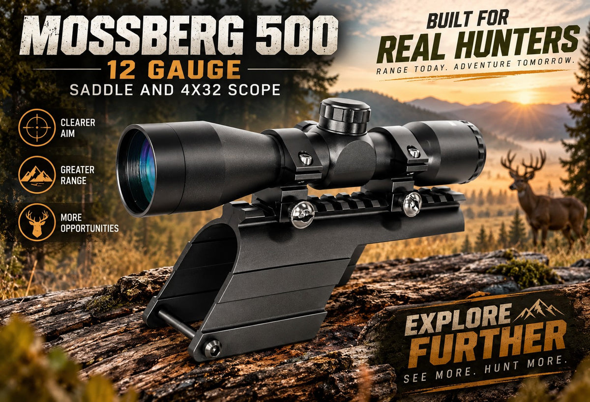 mossberg 500 12 gaauge saddle with 4x32 scope on hunting background.