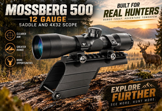 mossberg 500 12 gaauge saddle with 4x32 scope on hunting background.