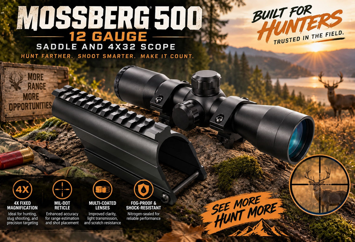 mossberg 500 12 gaauge saddle with 4x32 scope on hunting  background.