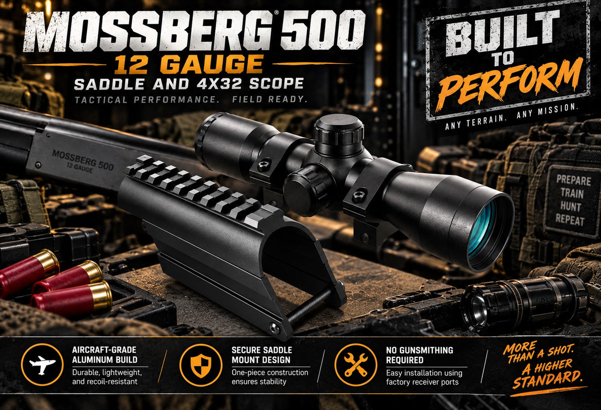 mossberg 500 12 gaauge saddle with 4x32 scope on hunting background.