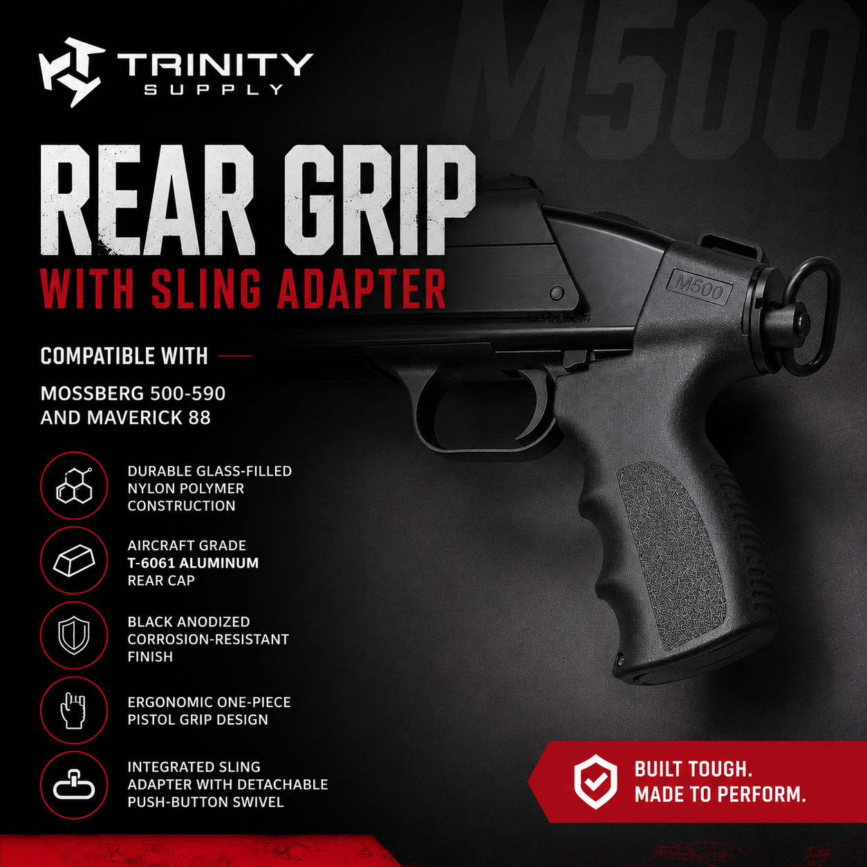 TRINITY Rear Grip with Sling Adapter Compatible with Mossberg 590 Maverick 88 12 Gauge Polymer Pistol Grip Black