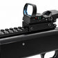 A black tactical red dot sight mounted on a black rifle receiver, shown in a close-up studio shot against a white background.