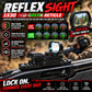 A tactical rifle sight product graphic showing a red-green reflex reticle sight mounted on a rifle, with marketing text, icons, and a small screen preview on a blurred outdoor background.
