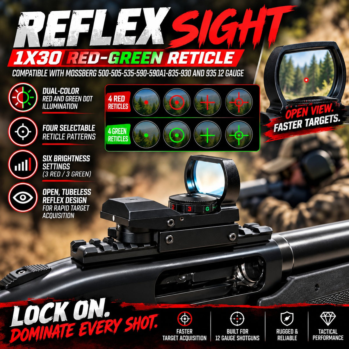 A tactical rifle sight product graphic showing a red-green reflex reticle sight mounted on a rifle, with marketing text, icons, and a small screen preview on a blurred outdoor background.