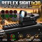 Black Reflex Sight 1x30 scope mounted on a rifle, shown with a blurred outdoor mountain background. The image includes large text listing compatible Mossberg rifle models, 12 gauge size, and feature icons for red/green patterns, red and green color, wide view, durable aluminum, and shock/fog/water resistance.