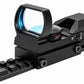A black tactical red dot sight mounted on a matching black rail, shown against a solid white background.