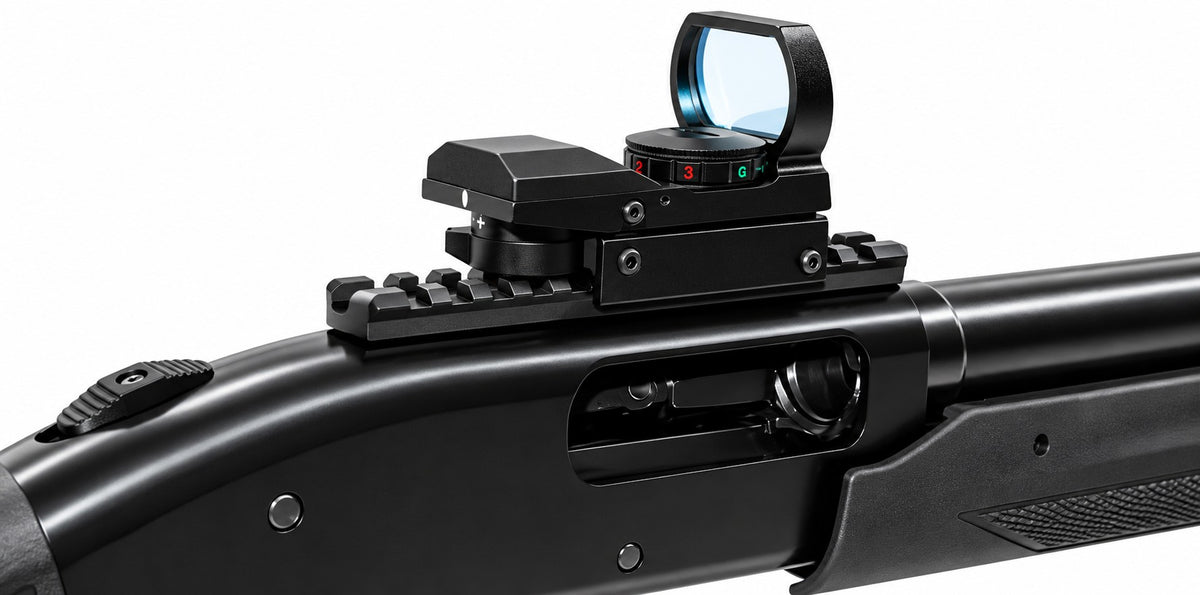 Close-up of a black tactical rifle scope mounted on a black shotgun stock, shown against a plain white background.
