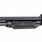 A black tactical shotgun with an integrated red dot sight, vertical foregrip, and adjustable stock, shown against a plain white background.
