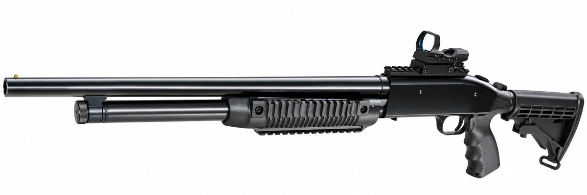 A black tactical shotgun with an integrated red dot sight, vertical foregrip, and adjustable stock, shown against a plain white background.