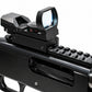 Close-up of a black tactical red dot sight mounted on a black rifle receiver, shown against a plain white background.