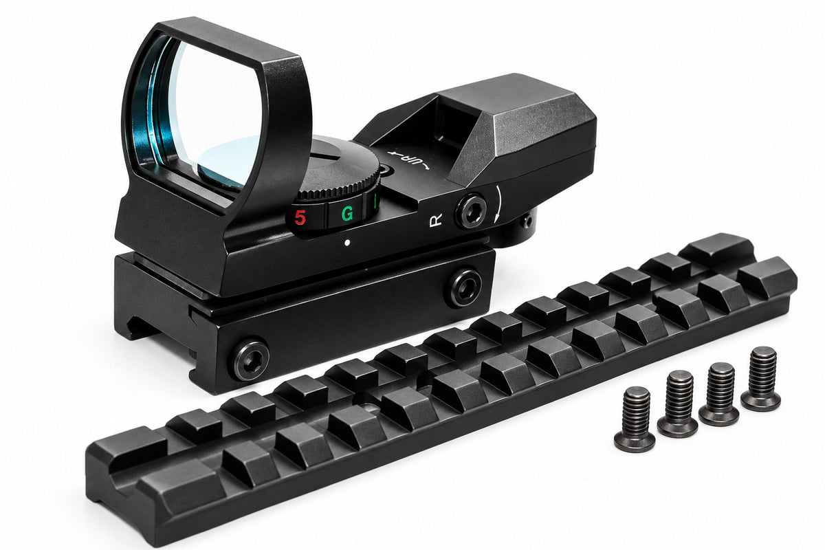 Black tactical rifle scope with a quick-release rail attachment and four mounting screws, shown on a clean white background.
