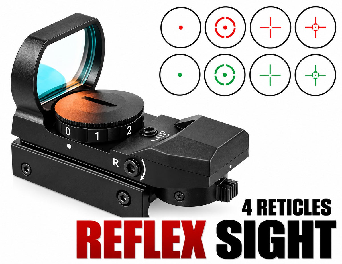 Black 4-retiler reflex sight with illuminated orange objective lens and blue-green eyepiece, shown on a white background with target reticle diagrams and the text '4 RETICLES REFLEX SIGHT'.