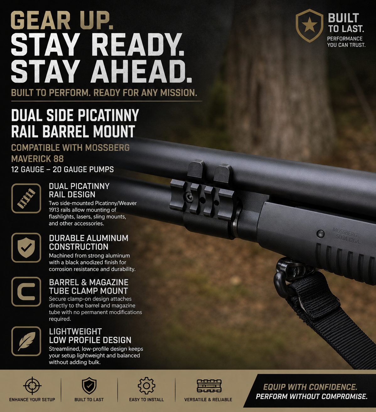 TRINITY Aluminum Barrel & Magazine Tube Mount with Dual Side Picatinny Rails Compatible with Mossberg 500 FLEX 12 Gauge