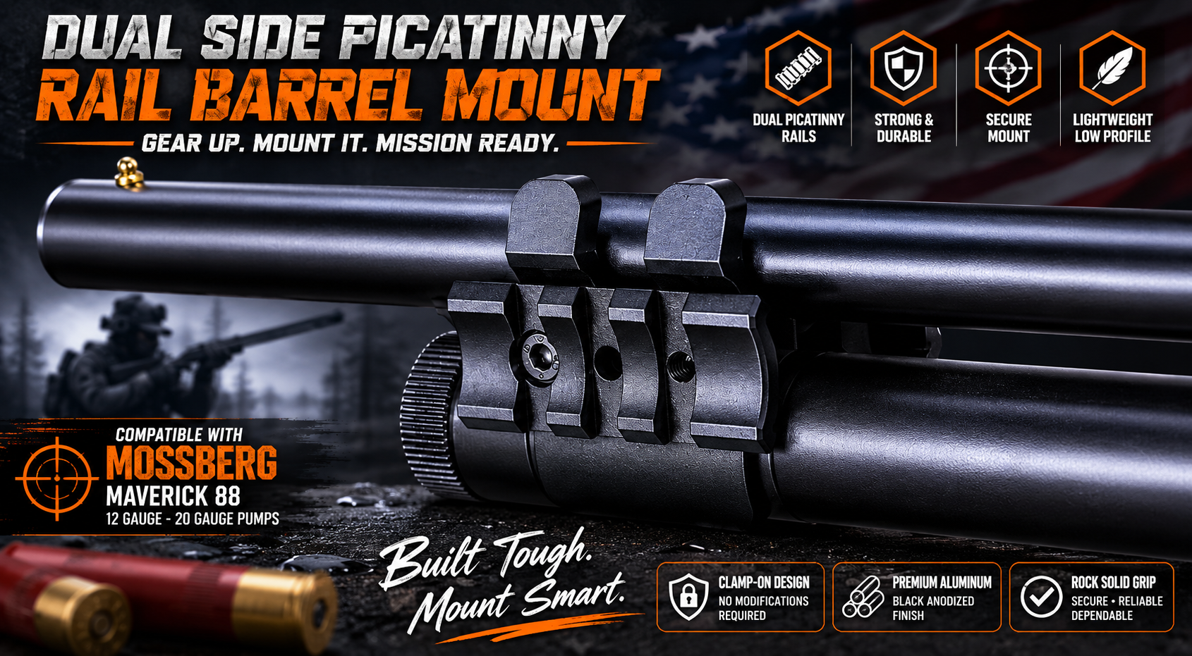 TRINITY Aluminum Barrel & Magazine Tube Mount with Dual Side Picatinny Rails Compatible with Mossberg 500 FLEX 12 Gauge