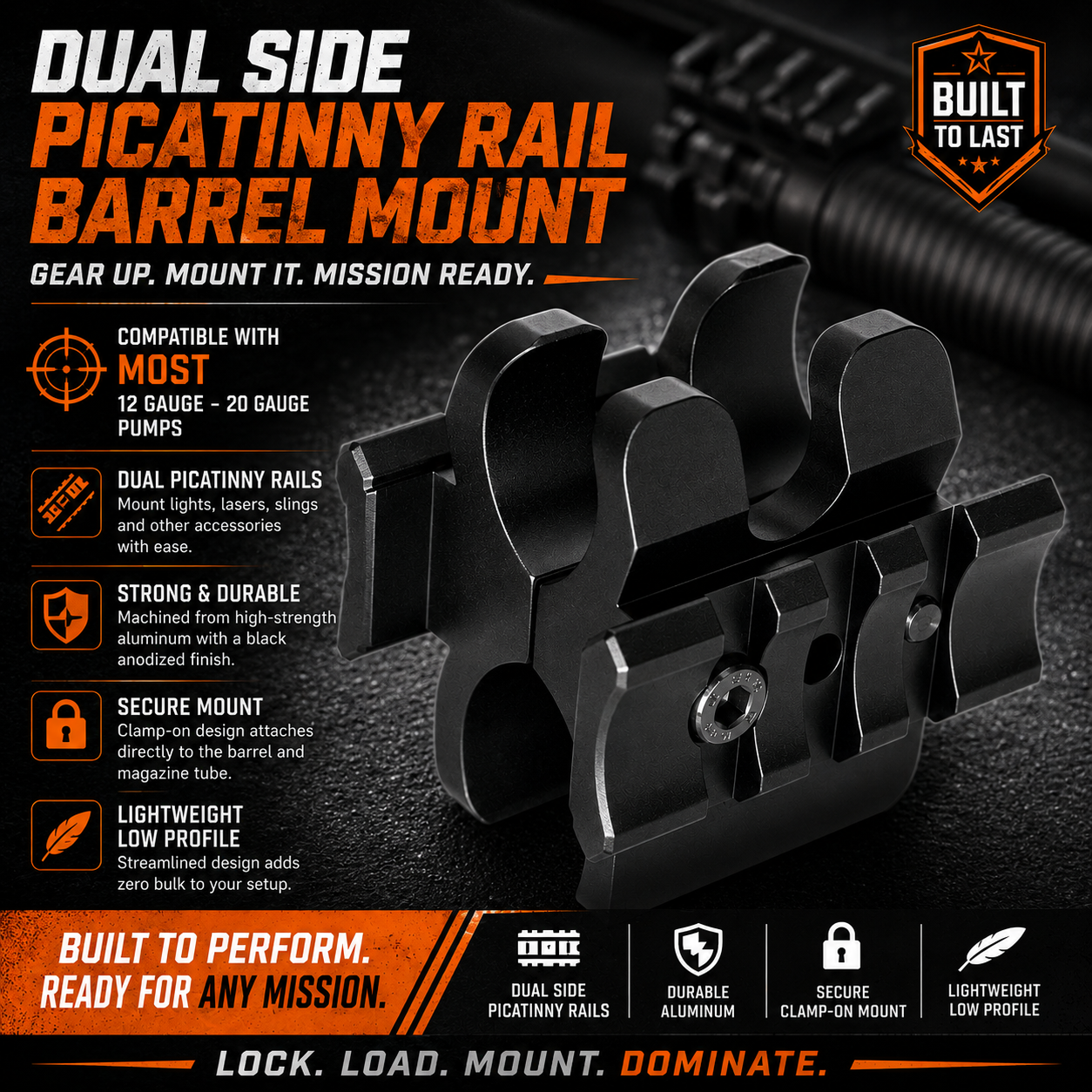 TRINITY Aluminum Barrel & Magazine Tube Mount with Dual Side Picatinny Rails Compatible with Mossberg 500 FLEX 12 Gauge