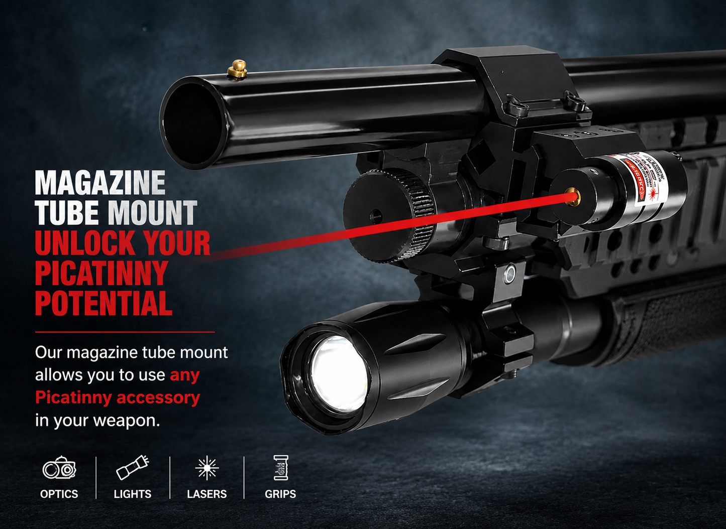 12 Gauge Shotgun Magazine Tube & Barrel Mount – Triple Picatinny Rail Aluminum Accessory Adapter