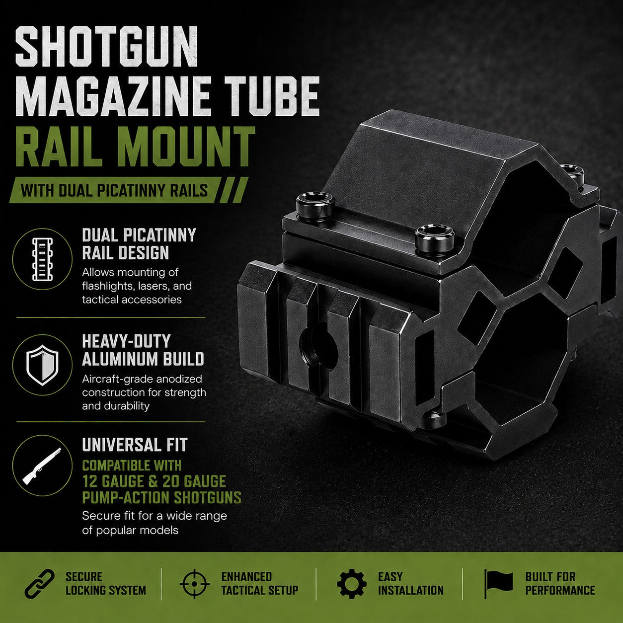 12 Gauge Shotgun Magazine Tube & Barrel Mount – Triple Picatinny Rail Aluminum Accessory Adapter