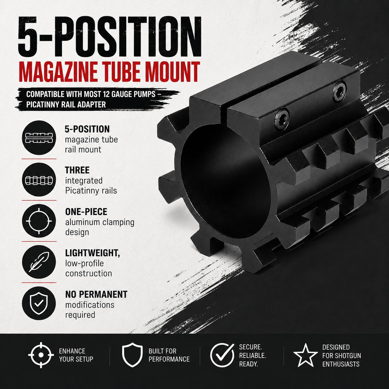 Tactical Picatinny Rail Mount Adapter for Magazine Tubes – Compatible with Mossberg 500 12 Gauge