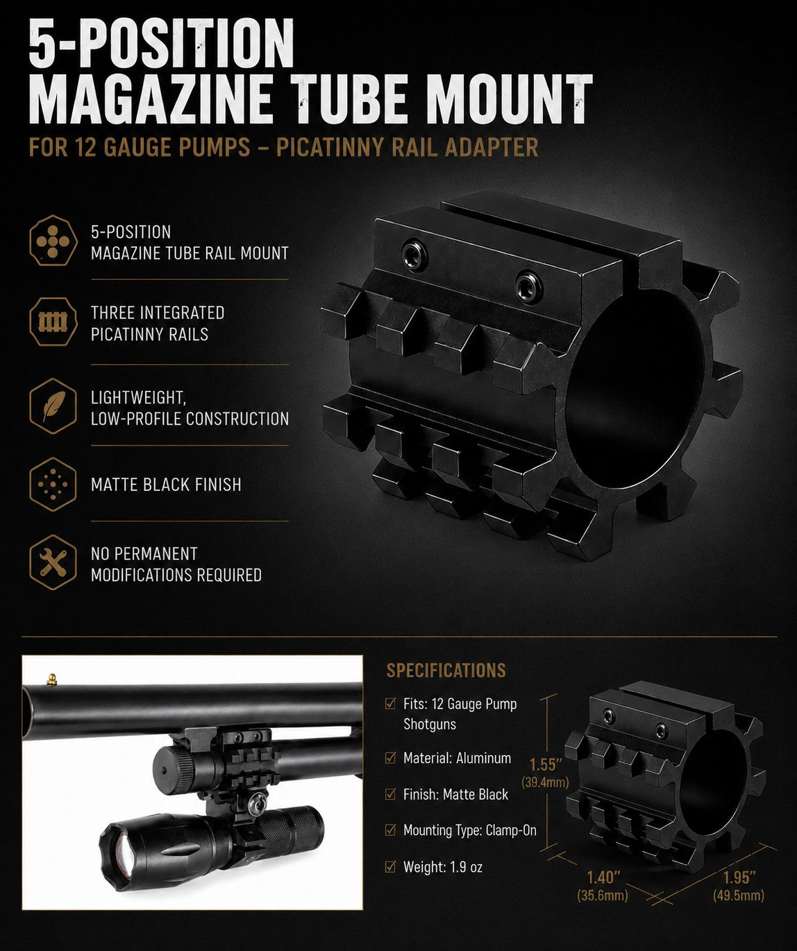 Tactical Picatinny Rail Mount Adapter for Magazine Tubes – Compatible with Mossberg 500 12 Gauge