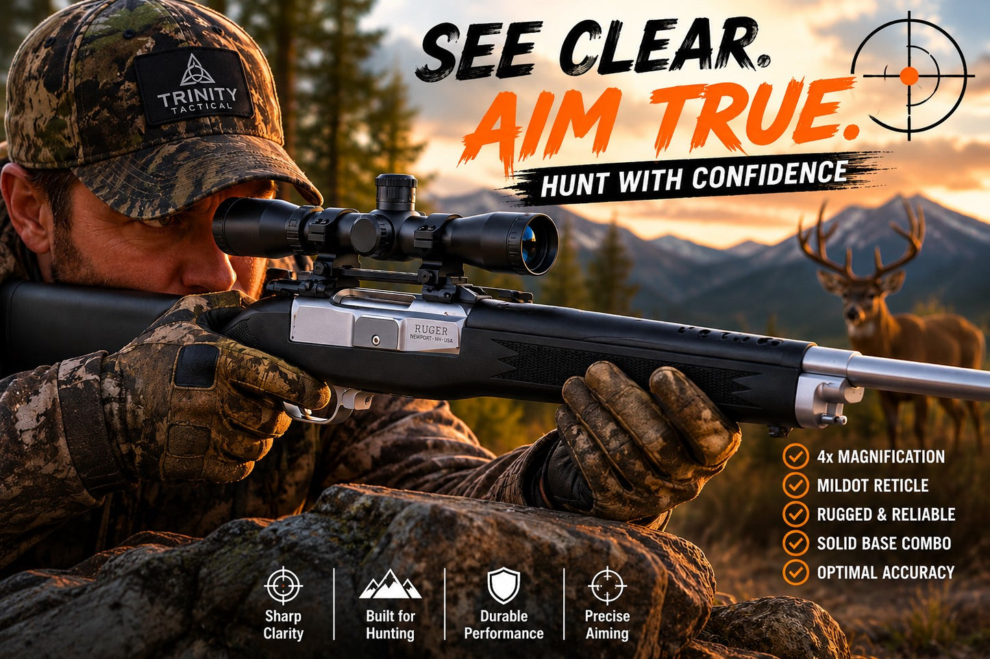 Trinity 4x32 Tactical Scope Mildot Reticle Combo Compatible with Ruger Mini 14 & Mini 30 – Picatinny Rail Mount Kit, Aluminum Matte Black